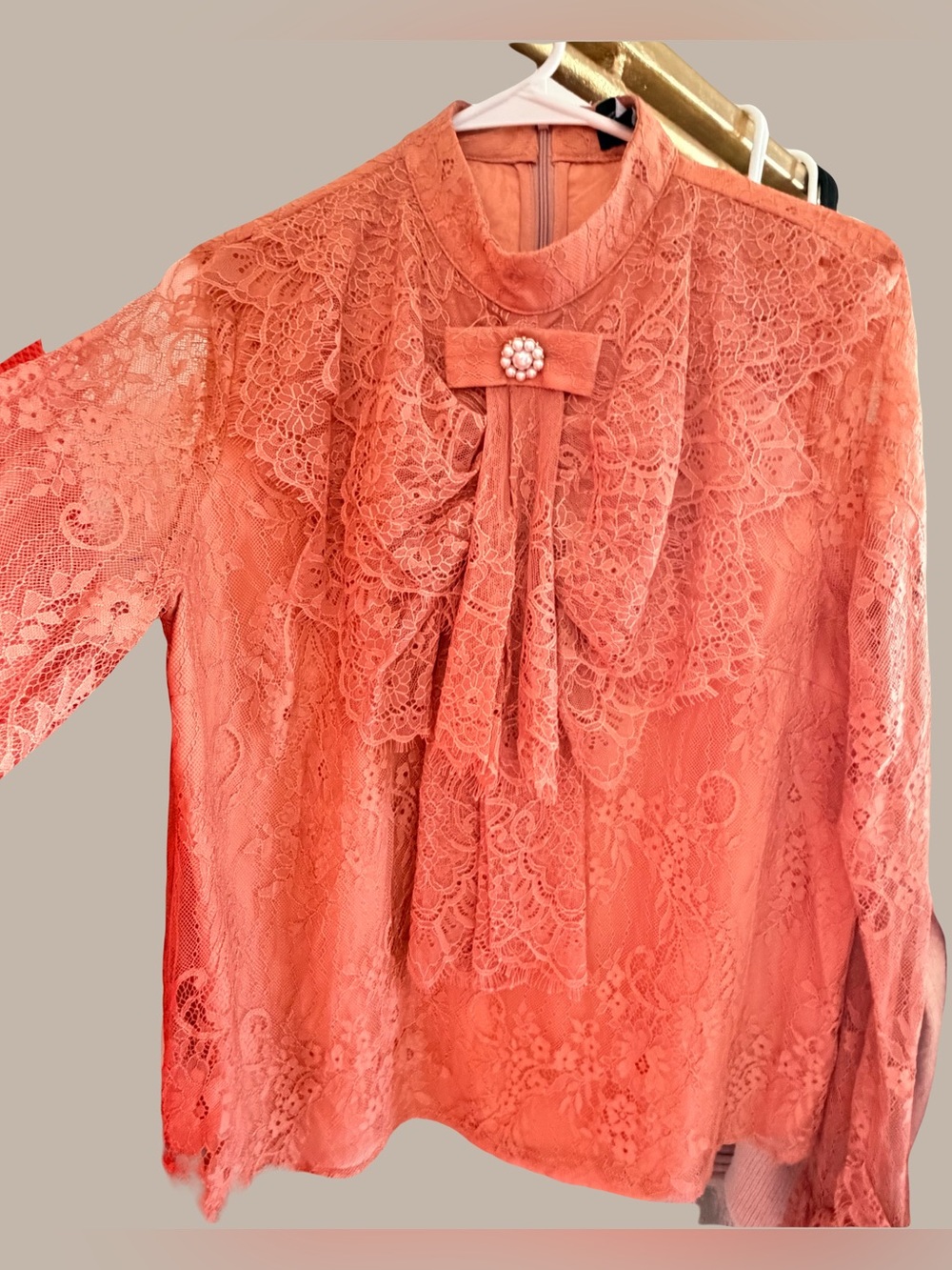 Coral Lace Bow-Neck Long-Sleeve Blouse with Pearl Accent